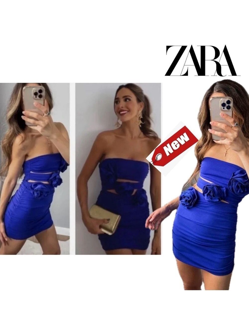 Zara blue ruched draped cut-out 3D flower strapless mini tube dress Sz S NWT